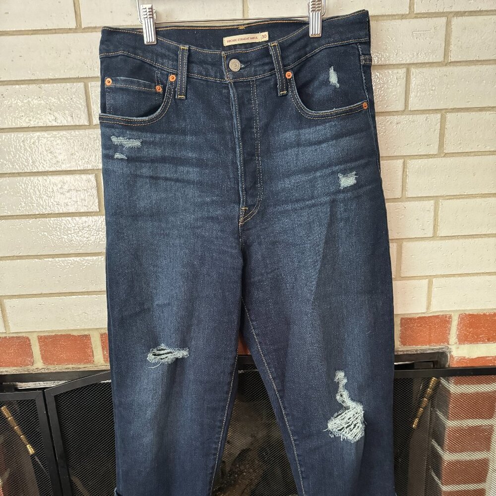 Levi's Women's Ribcage Straight Ankle Jeans - Dark Indigo Destructed - Size 30